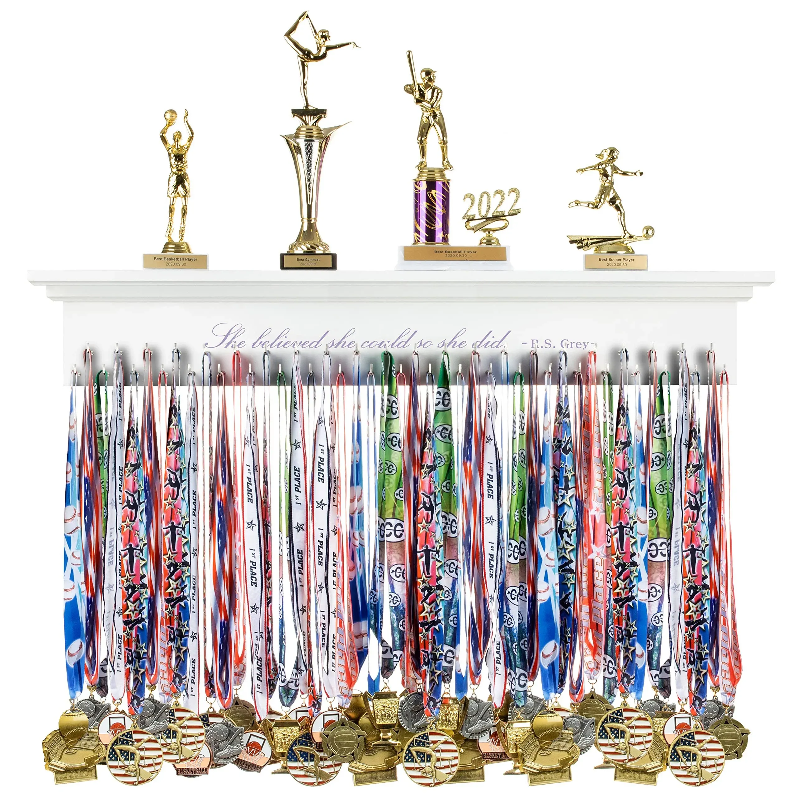 Medal Hanger & Trophy Shelf & Ribbon Holder for Girls - 3FT Simple Design Rack with Strong Hooks - Displaying Awards from Sports., White