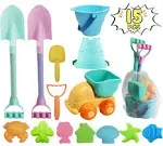 IOKUKI Long Shovels Sand Toys Set with Mesh Bag Including Dump Truck, Beach Buckets, Shovels, Rakes, Molds, Outdoor Beach Toys Tool Kit for Kids, Toddlers, Boys and Girls (15 PCS) Age 3+