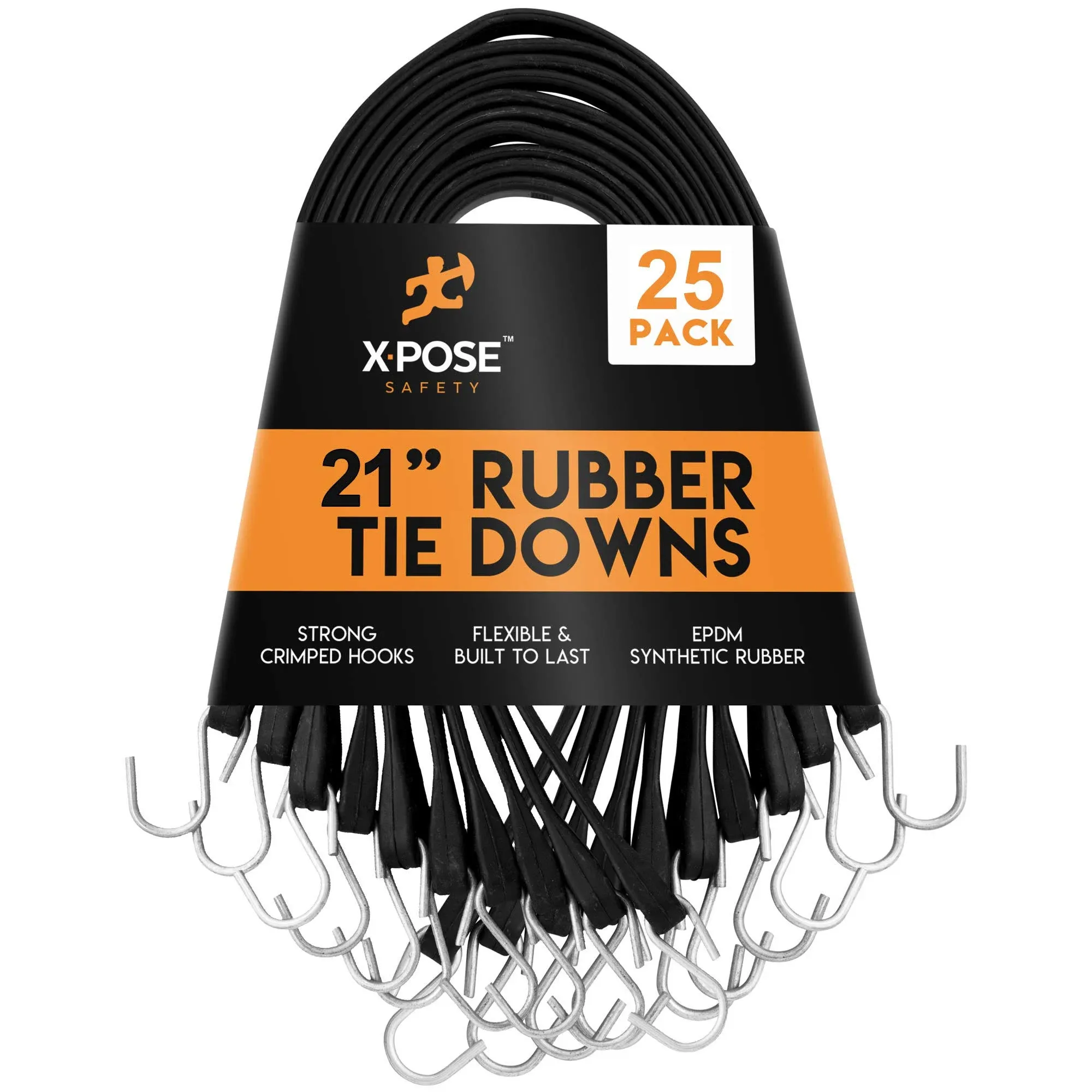 Rubber Bungee Cords with Hooks - Black EPDM Synthetic Heavy-Duty Rubber Tie Down Straps for Outdoor, 21 inch 25 Pack (32" Max Stretch) Tarp Covers, Canvas Canopies, Motorcycle, Cargo - Xpose Safety