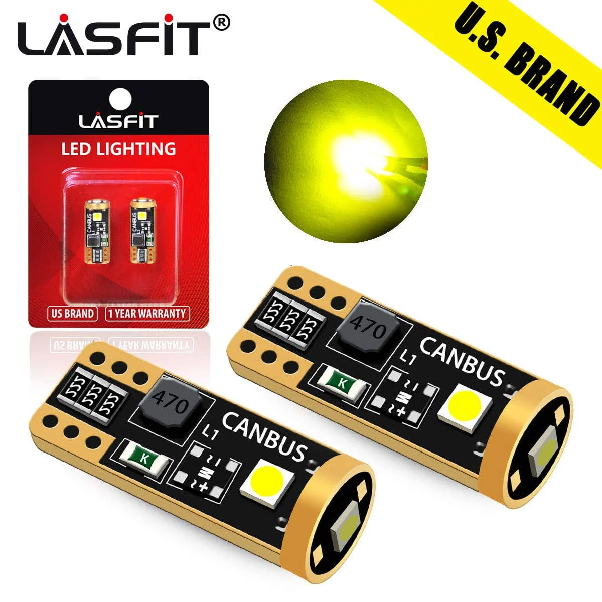 LASFIT194 LED Bulb, Extremely Bright T10 168 2825 W5W Wedge 3030 Chipsets 400 Lumens, Error Free for Car Interior Dome Map Door Courtesy Lights, Golden Yellow，12-24V