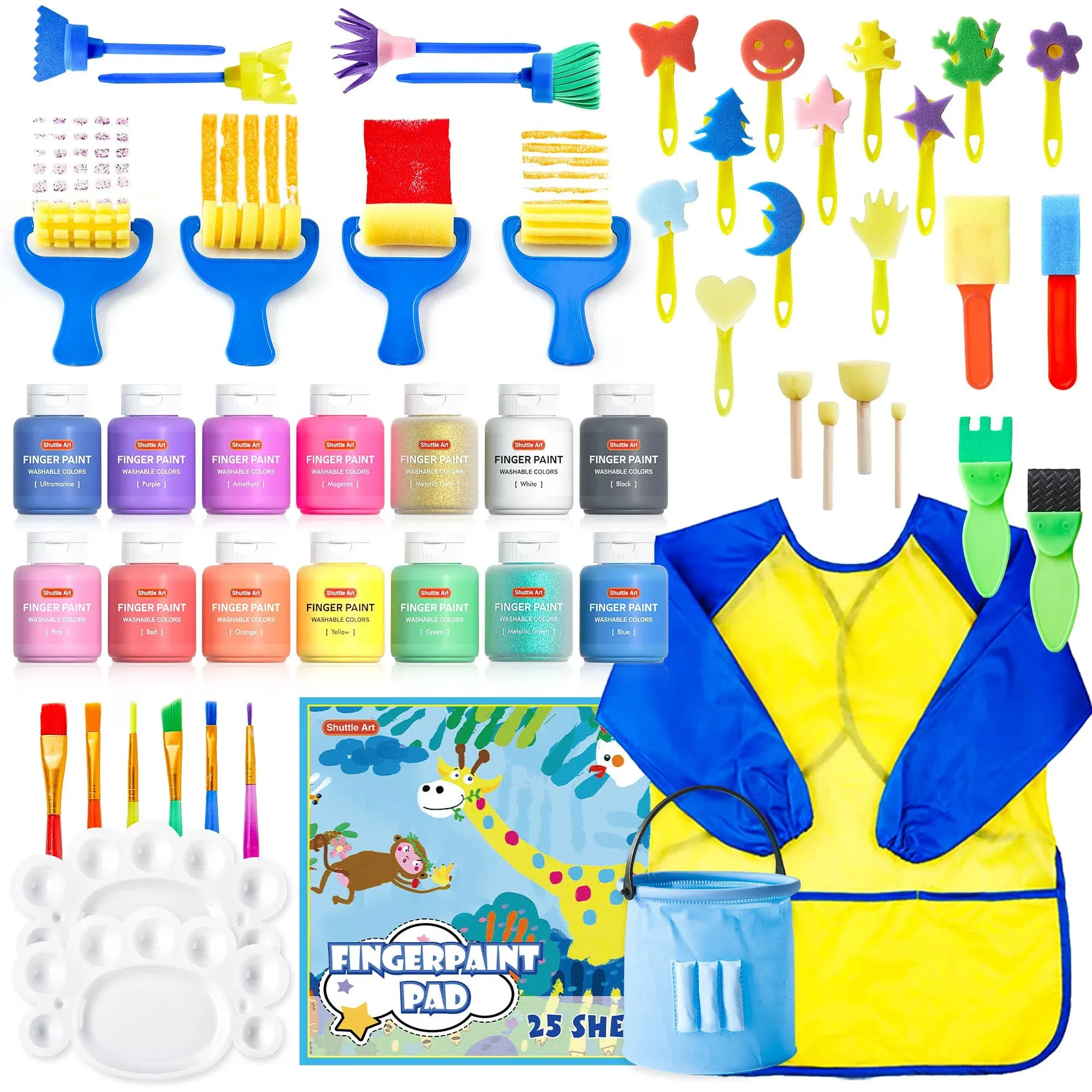 Washable Finger Paint Set, Shuttle Art 46 Pack Kids Paint Set with 14 Colors(60ml) Finger Paints, Brushes, Finger Paint Pad, Sponge, Palette, Smock,