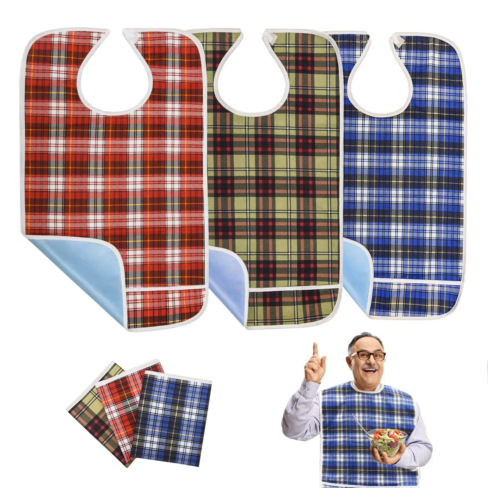 3Pcs Adult Bibs for Elderly, Men, Women, Reusable Adult Bibs for Eating, Washable Waterproof Mealtime Clothing Protectors with Crumb Catcher