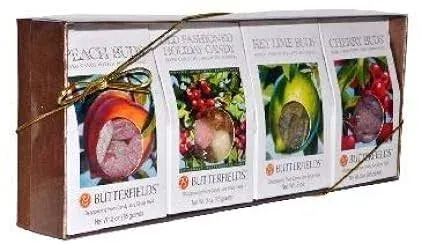 Butterfields Candies Hard Candy Buds Gift Set - Peach, Cherry, Key Lime, and Old Fashioned Holiday Candy Flavors - 3 Ounce Box Each Flavor