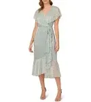 Adrianna Papell Metallic Faux Wrap Short Flutter Sleeve Midi Dress, Womens, 12, Sea Glass