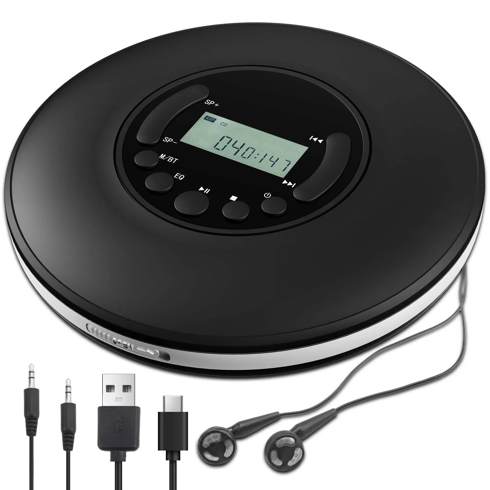 CD Player Portable, Discman with Stereo Earbuds and Bluetooth Output, Anti-Skip Shockproof Walkman, Compact and Lightweight, Power DC or 2xAA Battery