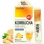 TEAZEN Lemon Ginger Hot Kombucha Tea, Spice Tea, Live Probiotics & Postbiotics, Relaxation and Warmth for Colds and Sore Throat, Hydration Drink Mix, Sugar Free, 10 Sticks, 1.76oz