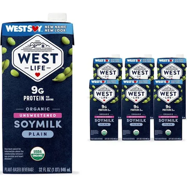 West Life Organic Soy Milk, Unsweetened Plain, Low Sugar, 9g of Protein, Vegan Dairy Alternative, Lactose-Free, Shelf Stable, 32oz (Pack of 12)