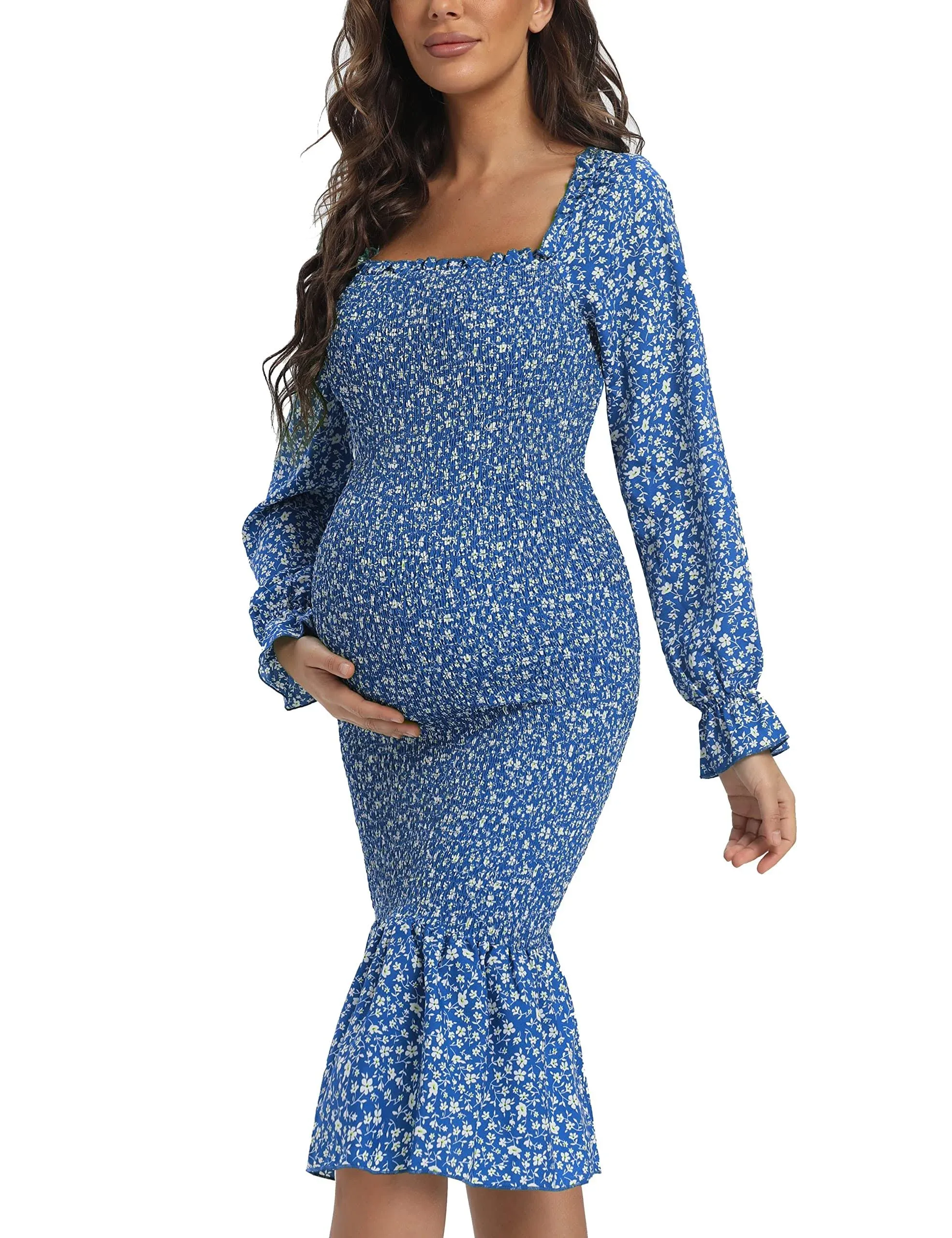 VmSlyii Maternity Fall Floral Midi Bodycon Dresses, Long Puff Sleeve Square Neck ...