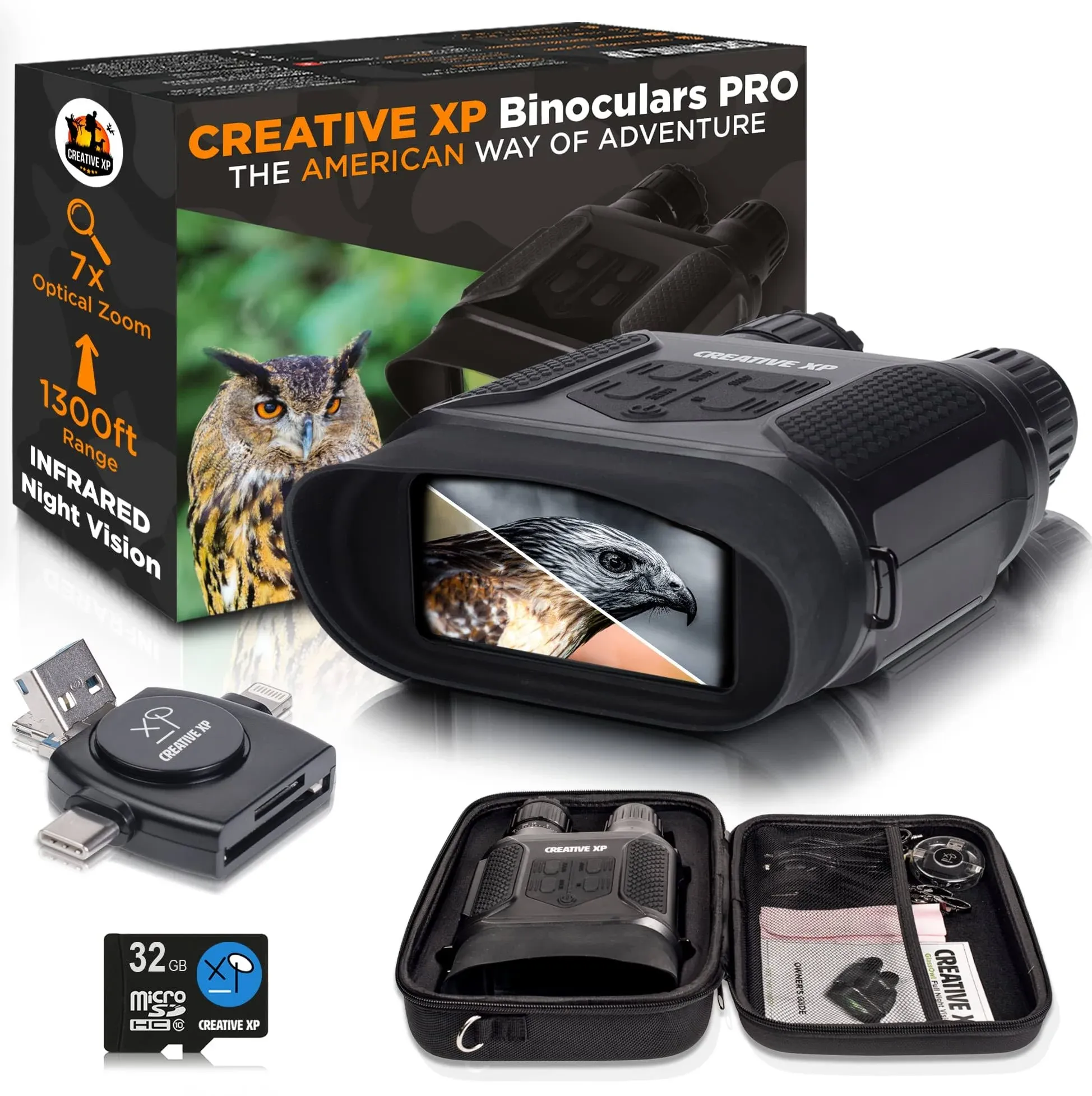 CREATIVE XP Pro Night Vision Binoculars - Digital Infrared, 4" Screen, 2X Zoom - Essential Deer Hunting Accessories, Tactical Gear, Security Goggles, Military Grade - 32GB Card, Neck Strap, Case