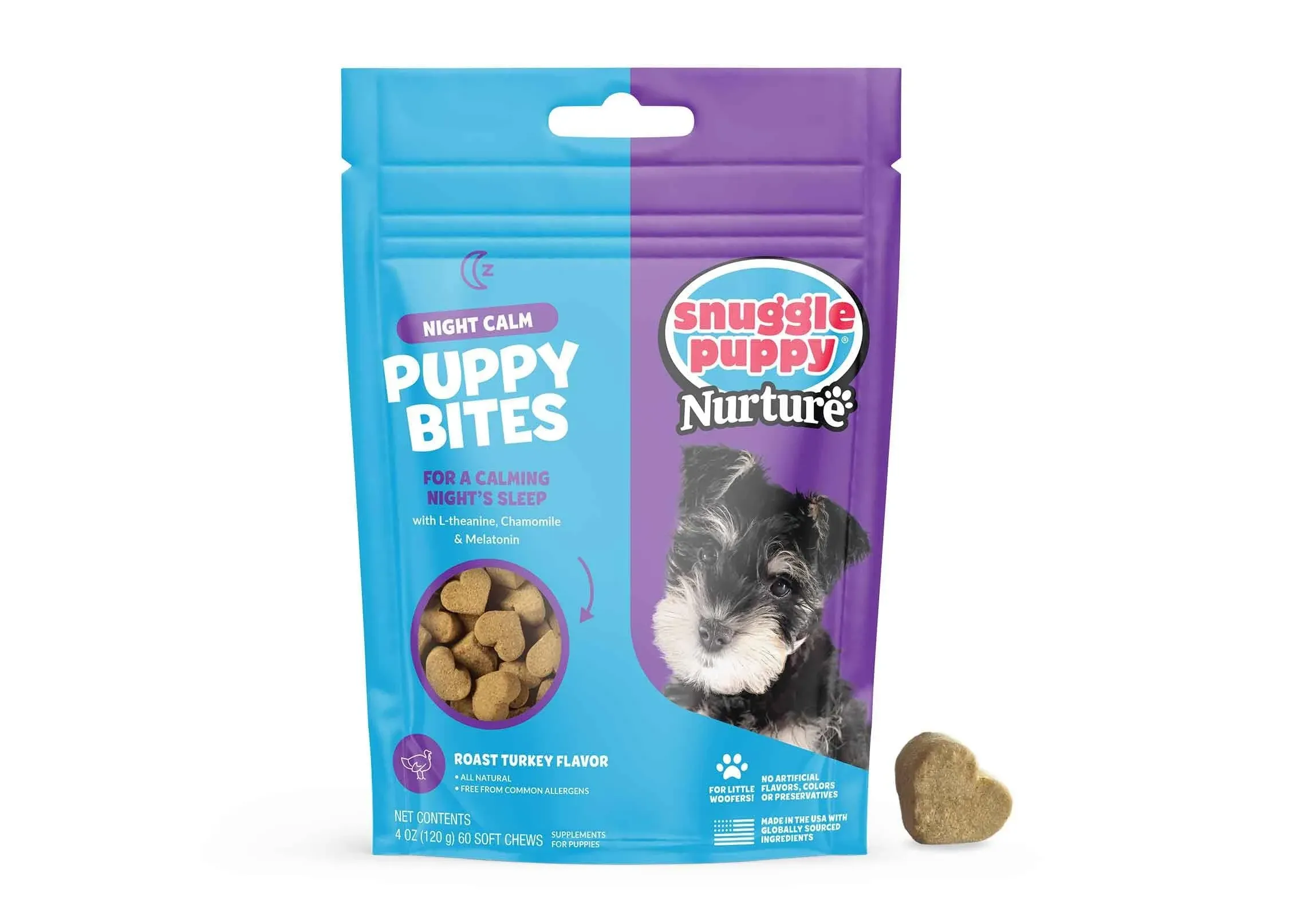 Snuggle Puppy Night Calm Puppy Bites - Calming Chew Bites for Dogs - Puppy Supplement to Support Restfulness & Sleep - Puppy Chew Bites with Melatonin, Chamomile & Ashwagandha - 60 Soft Chews