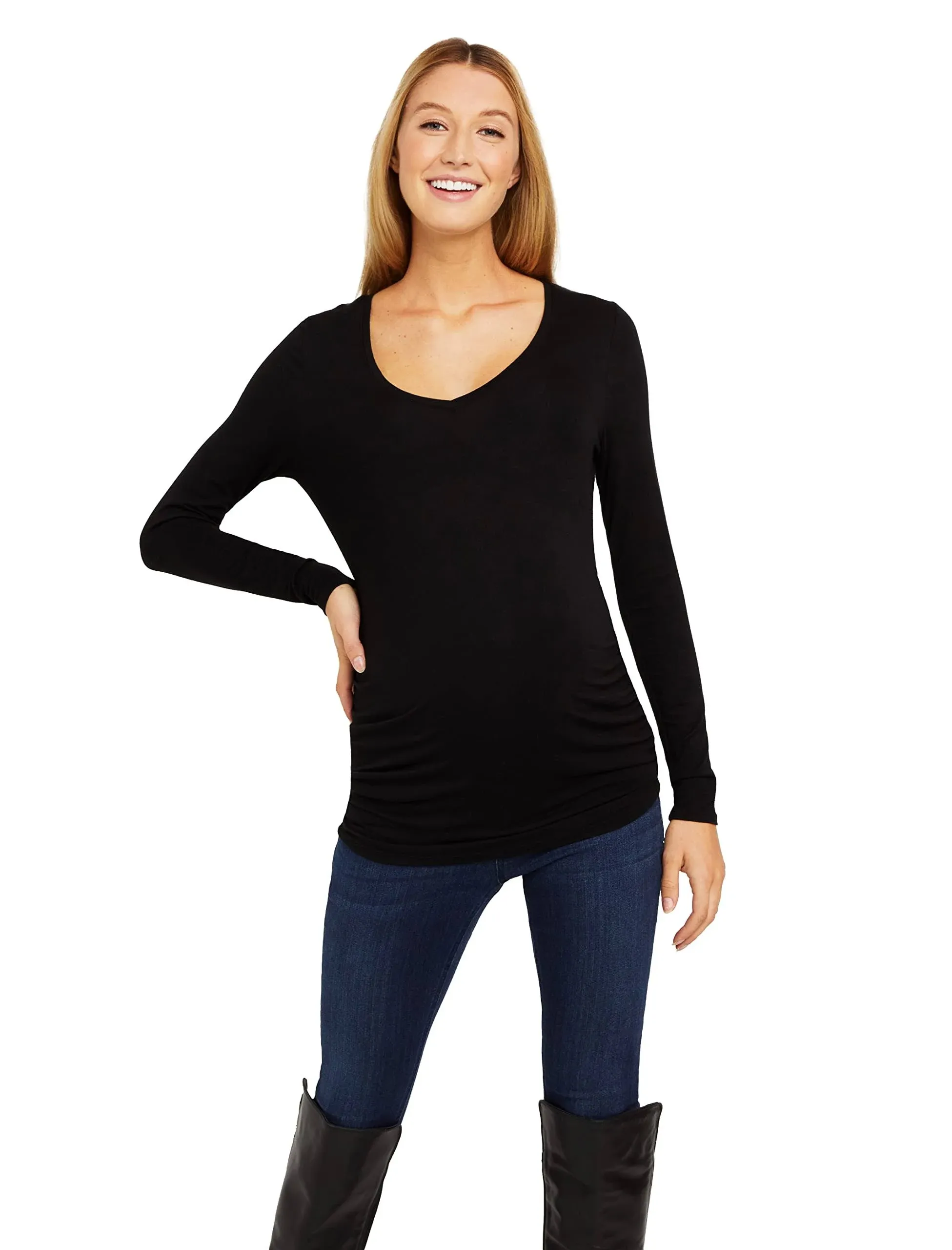 Motherhood Maternity Women's Long Sleeve V-Neck Side Ruched Tee Shirt