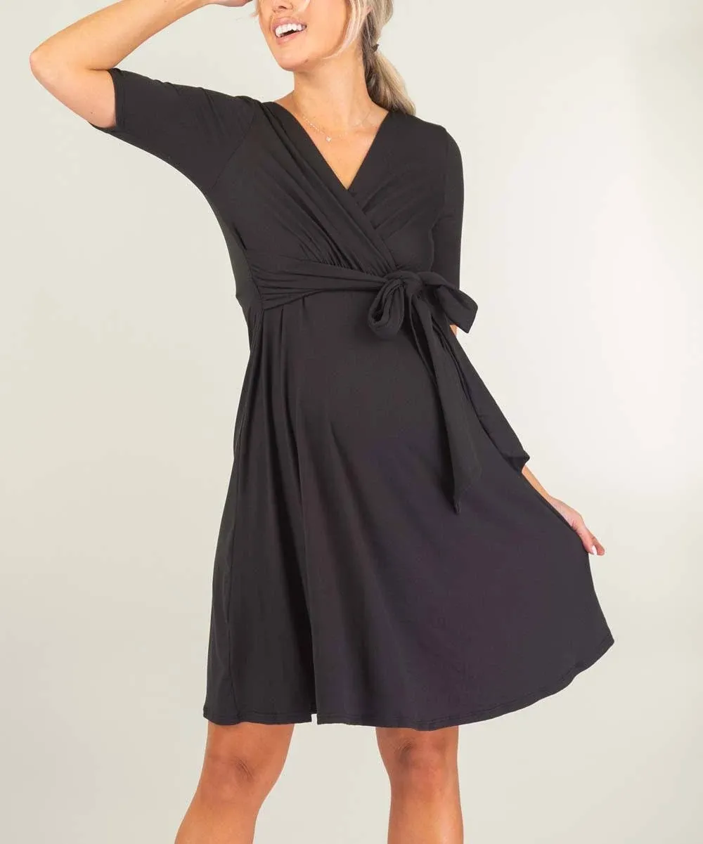 Mother Bee Maternity Knee Length Wrap Dress with Adjustable Belt