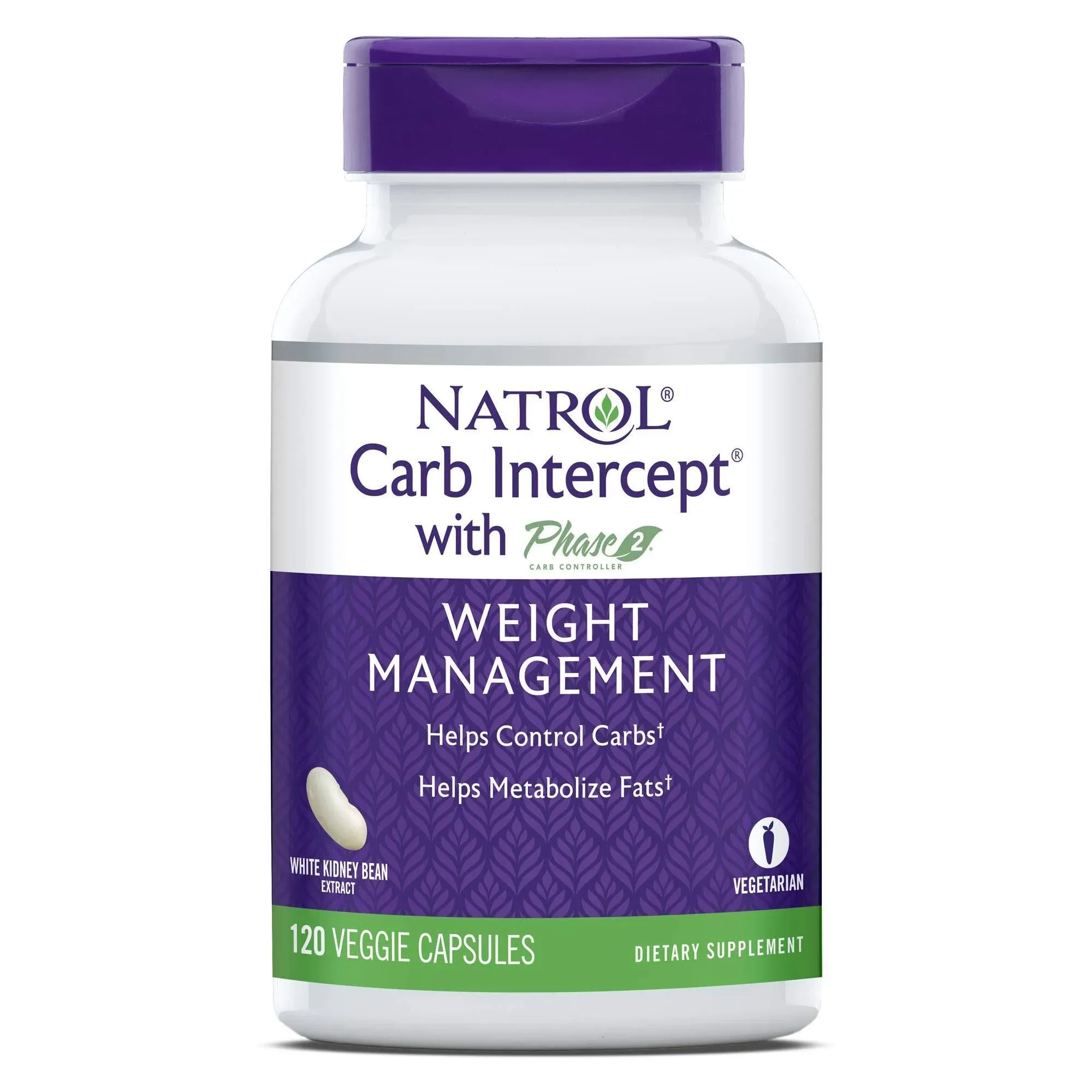 Natrol Carb Intercept with Phase 2 Carb Controller Capsules, White kidney bean extract, Helps control carbs, Helps metabolize fats, Clinically tested, Promotes healthy body weight, 1,000mg, 120 Count