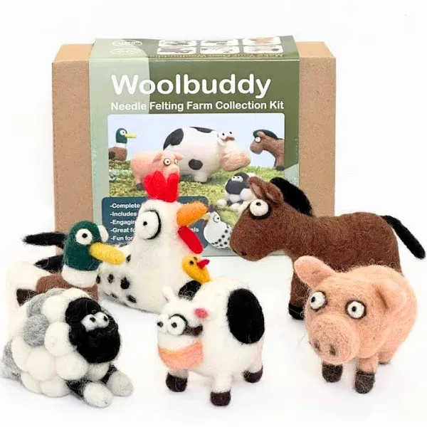 Woolbuddy Needle Felting Kit, Farm Animals, Felting Kit for Beginners Adult, Felting Supplies Included - White Mini Felting Pad, Soft Felting Wool, 4 Felting Needles and Clear English Instructions