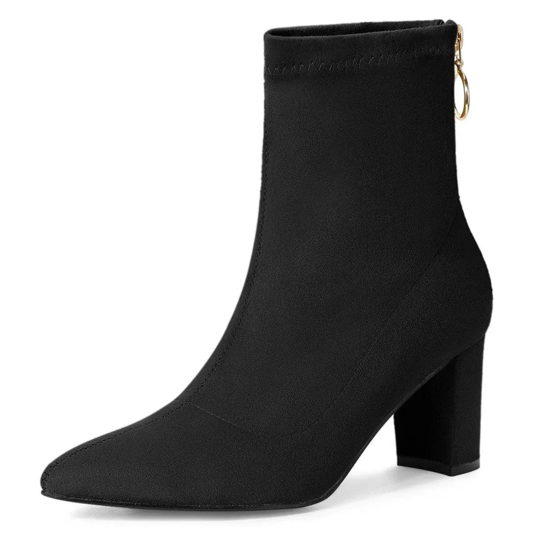 Allegra K Women's Pointed Toe Zipper Chunky Heels Ankle Boots, Black