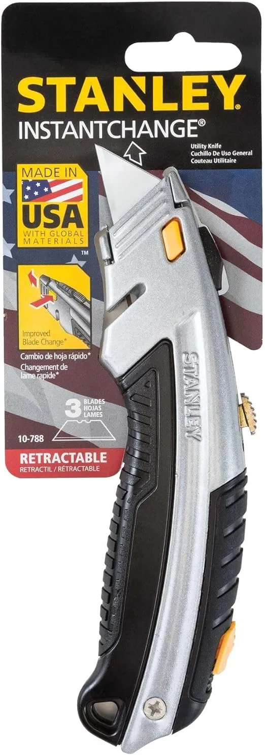 Stanley 10788 Curved Quick-Change Utility Knife, High Carbon Steel Retractable Blade, 3 Blades