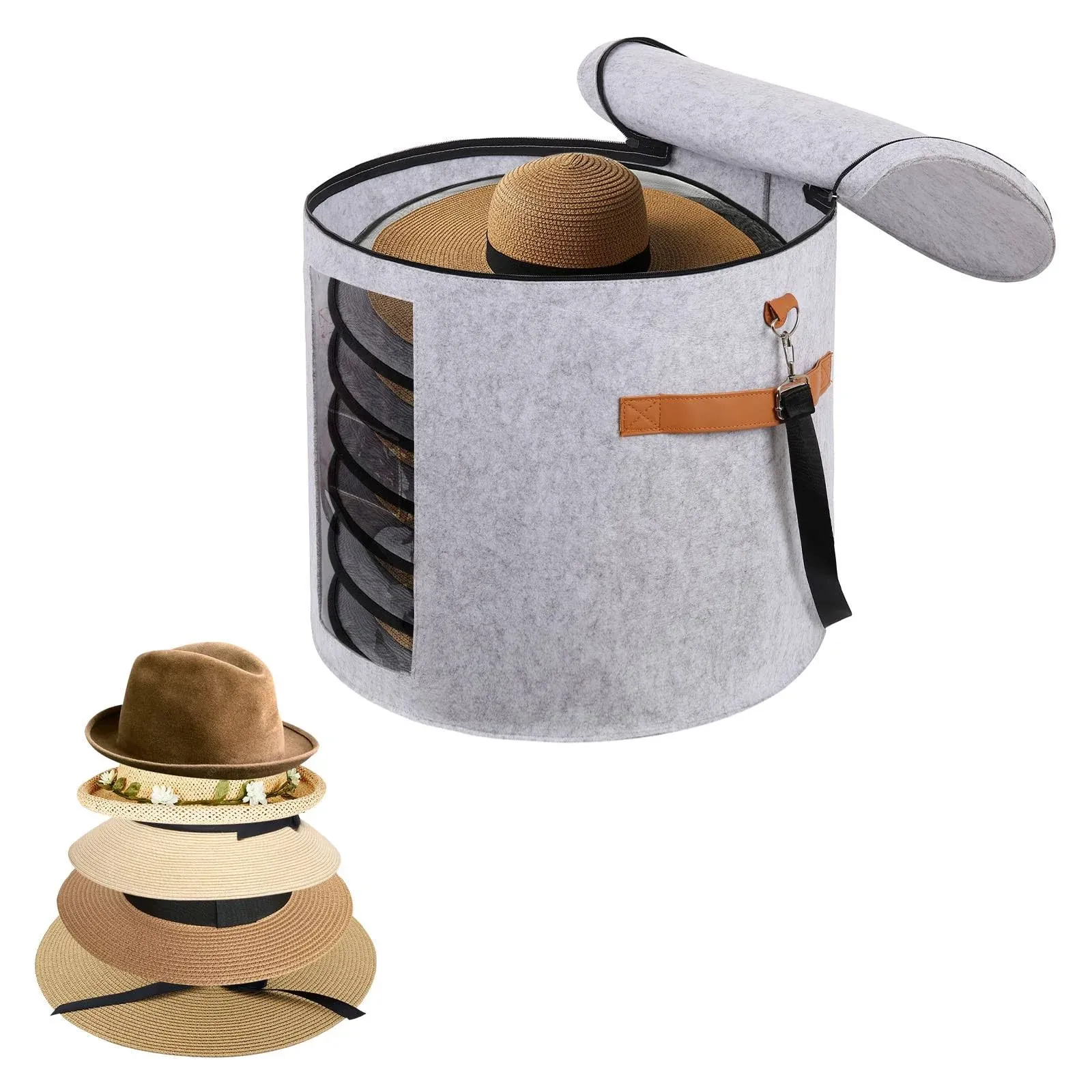 Large Hat Boxes for Wide Brim, Large Hat Storage Box 19" D x 17" H, Hat Boxes for Women Storage Large Round Men Hat Box, Foldable Felt Stuffed Animal Toy Storage Bin with Lid (Light Gray)