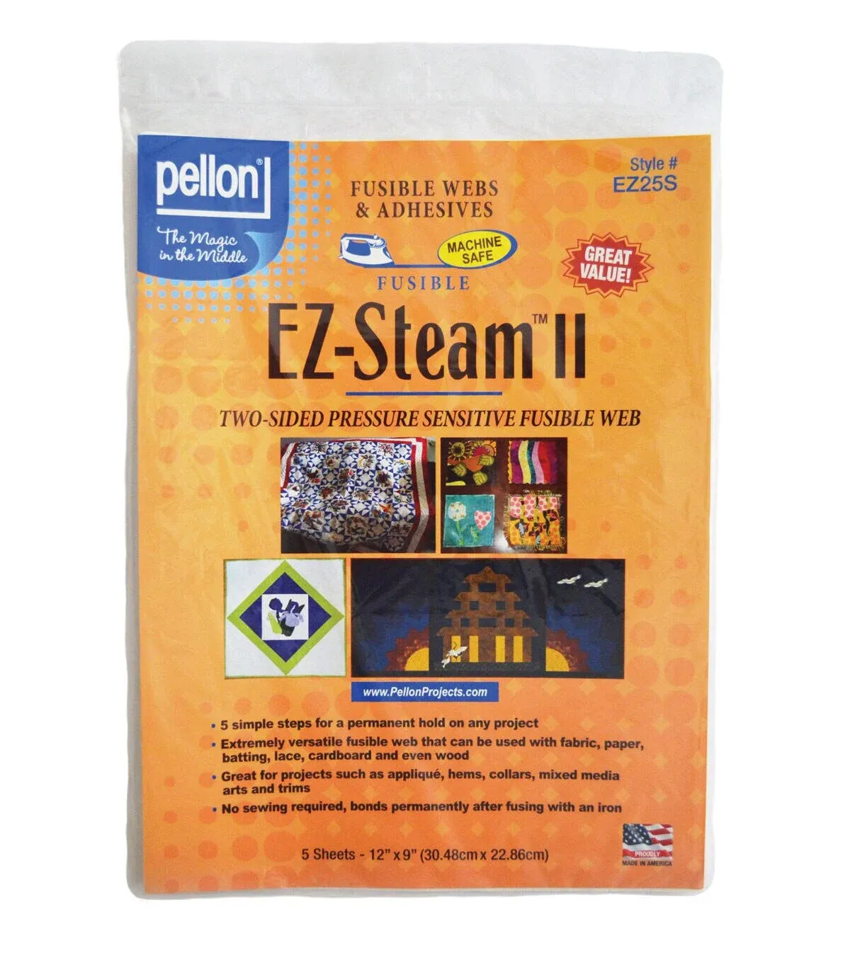 Pellon EZ Steam II 12"X9" Sheets 5/PKG-White