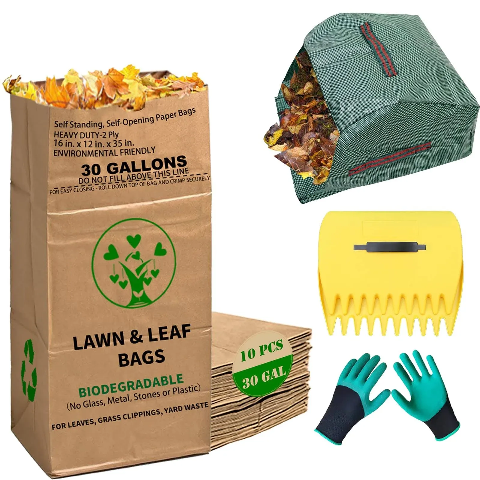 30 Gallon Heavy Duty Brown Paper Lawn and Leaf Bags with 20 GAL Dustpan-Type Bag, 2-Ply Heavy Duty Large Kraft Paper Bags (10 Count) | Tear Resistant Yard Waste Bag for Home and Garden