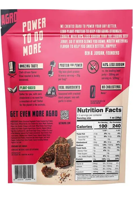 AGRO Power Vegan Jerky, Savory Original - Mouthwatering-Flavor Plant-Based Jerky with 40% Less Sodium - Meatless & Vegan Meat Jerky Snacks Gifts for