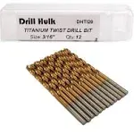 Drill Hulk Pack of 12, 3/16-Inch Titanium Nitride Coated Drill Bit, Premium M2 High Speed Steel, Jobber Length, for Metal, Plastic, Wood