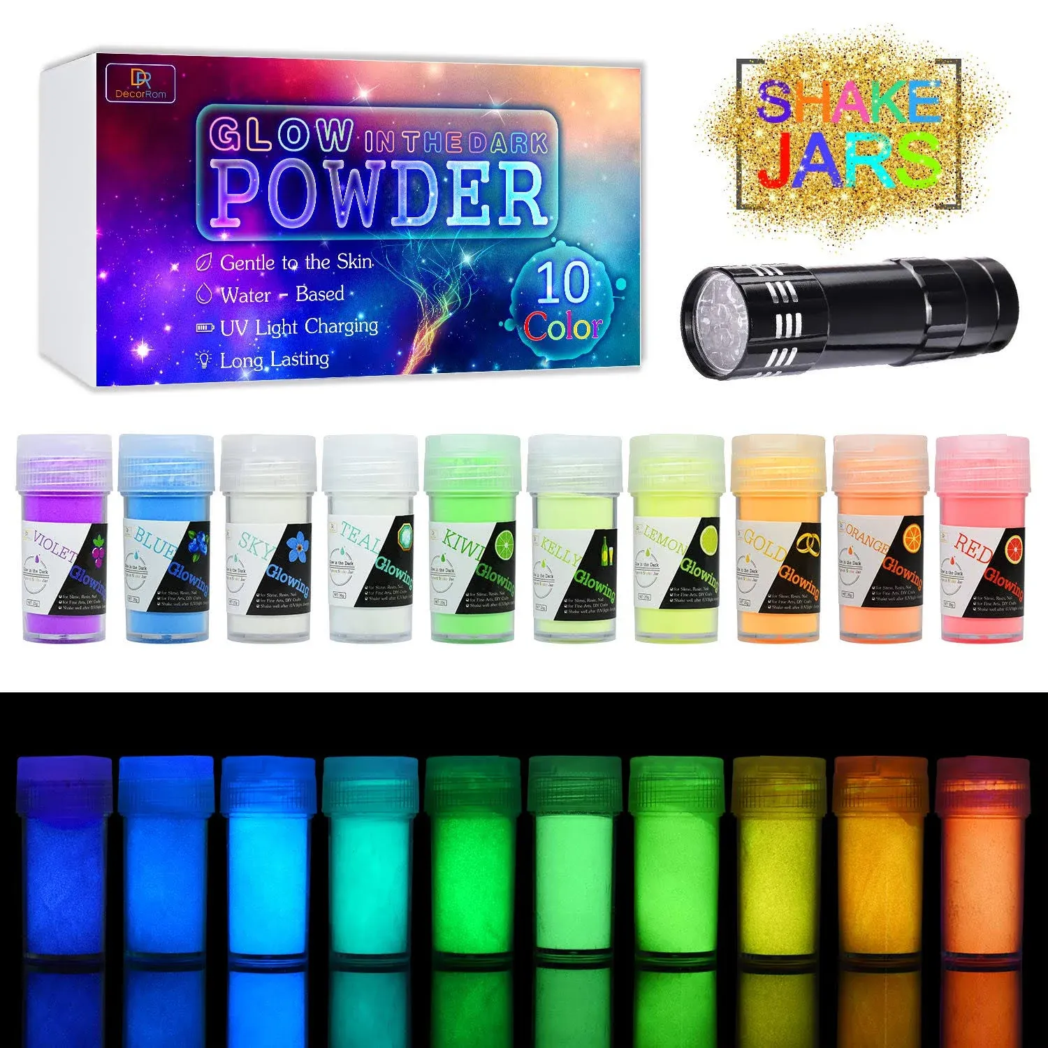 10 Color Glow In The Dark Pigment Powder with UV Lamp - Epoxy Resin Luminous ...