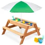 Best Choice Products BCP 3-in-1 Kids Convertible Wood Sand & Water Picnic Table with Umbrella