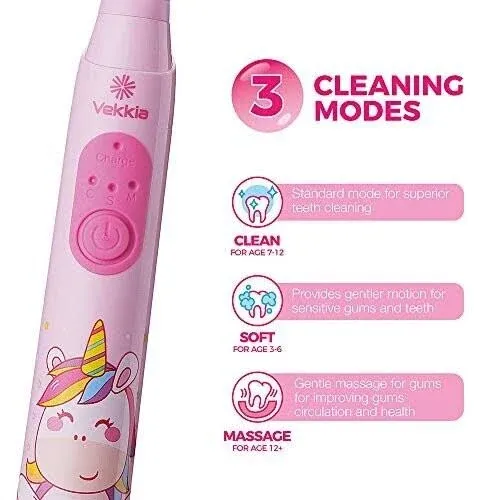 Vekkia Unicorn Jada Sonic Rechargeable Kids Electric Toothbrush, 3 Modes with Memory, Fun & Easy Cleaning, 31000 Strokes, Ipx7 Waterproof, 2-Min Timer