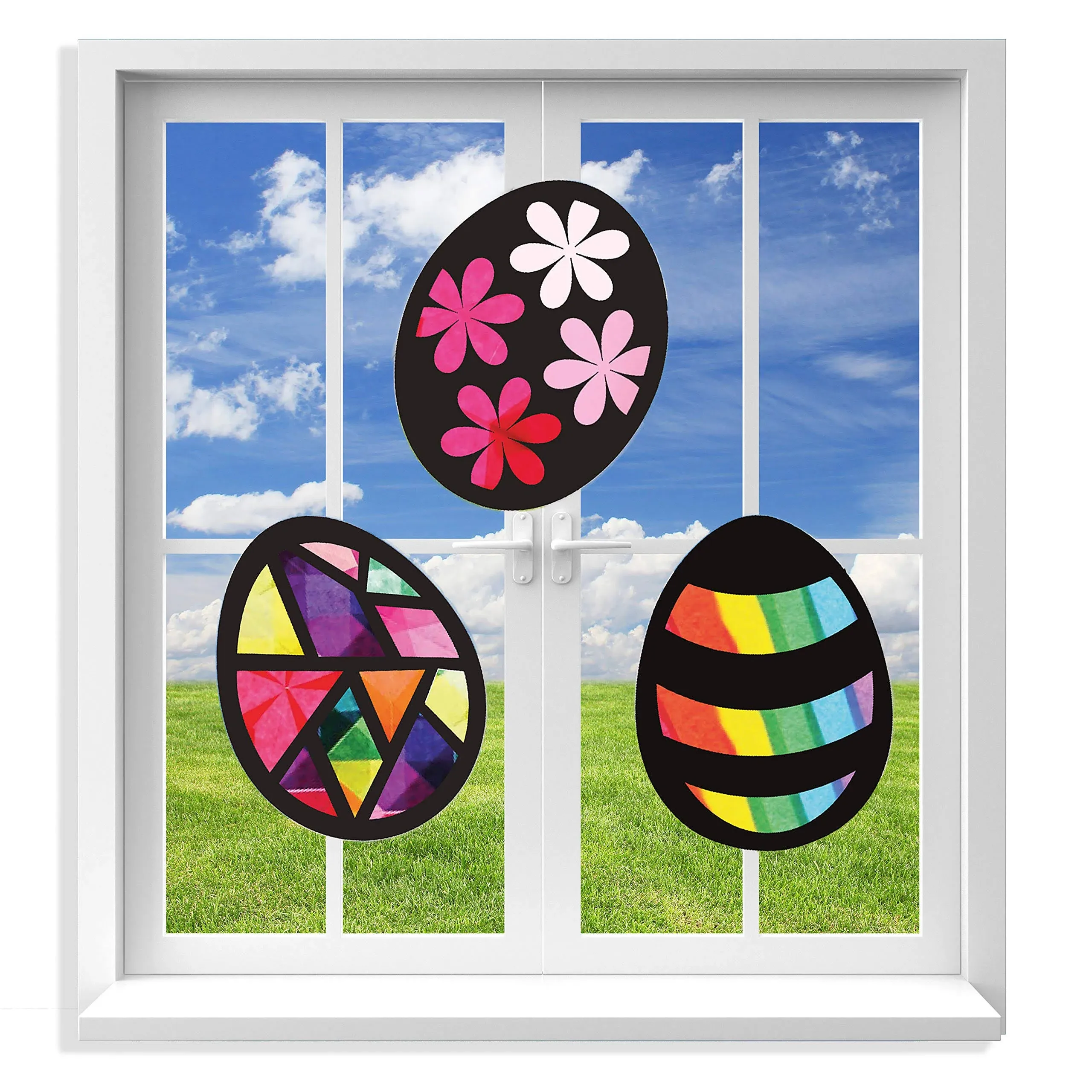 VHALE Suncatchers Craft 3 Sets (9 Cutouts) w Tissue Papers Stained Glass Effect Paper Sun Catcher Kit, Window Art, Classroom Crafts, Creative Art Projects, Kids Party Favors (Easter Egg)