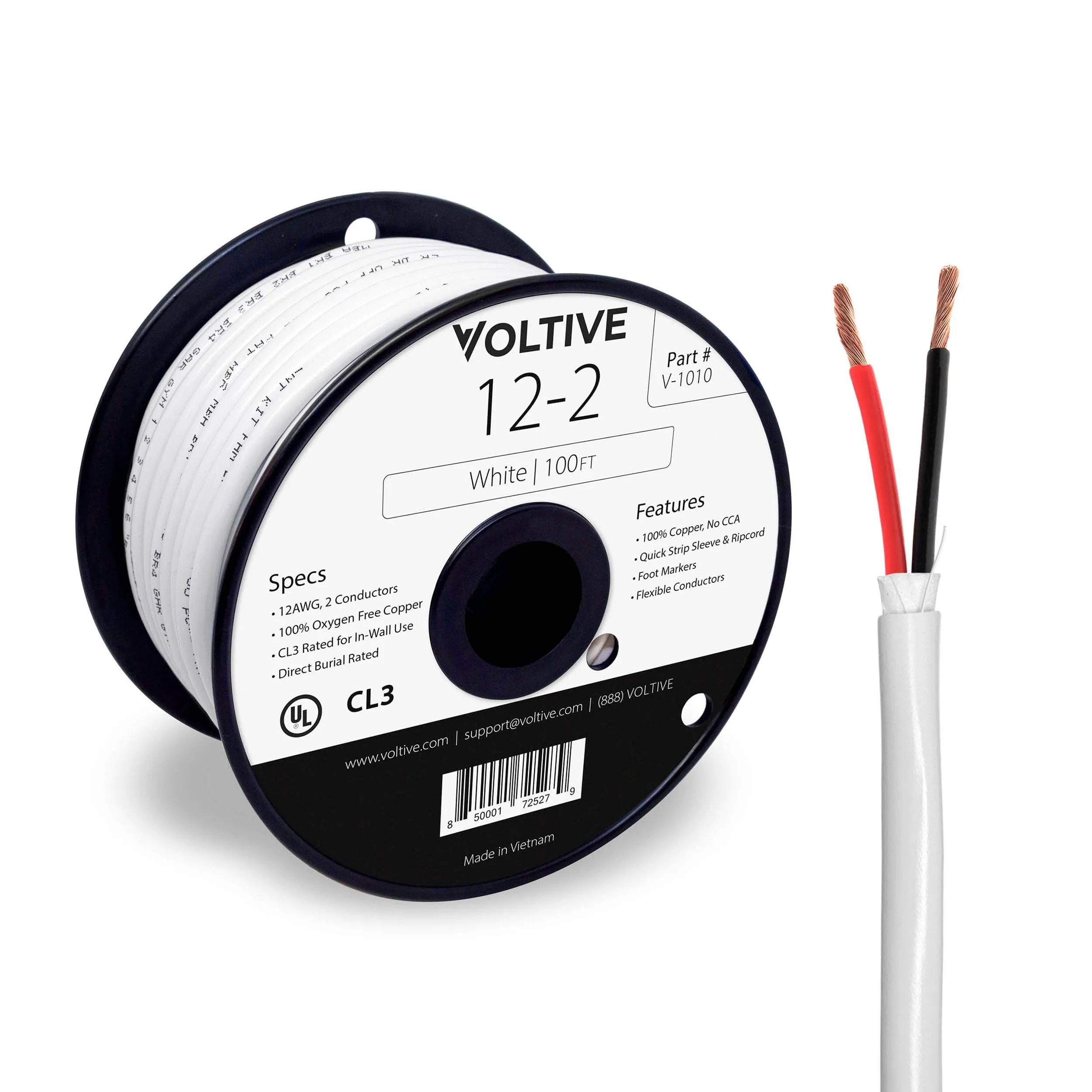 Voltive 12/2 Speaker Wire - CL3 - In-Wall & Direct Burial - OFC - 100ft - White