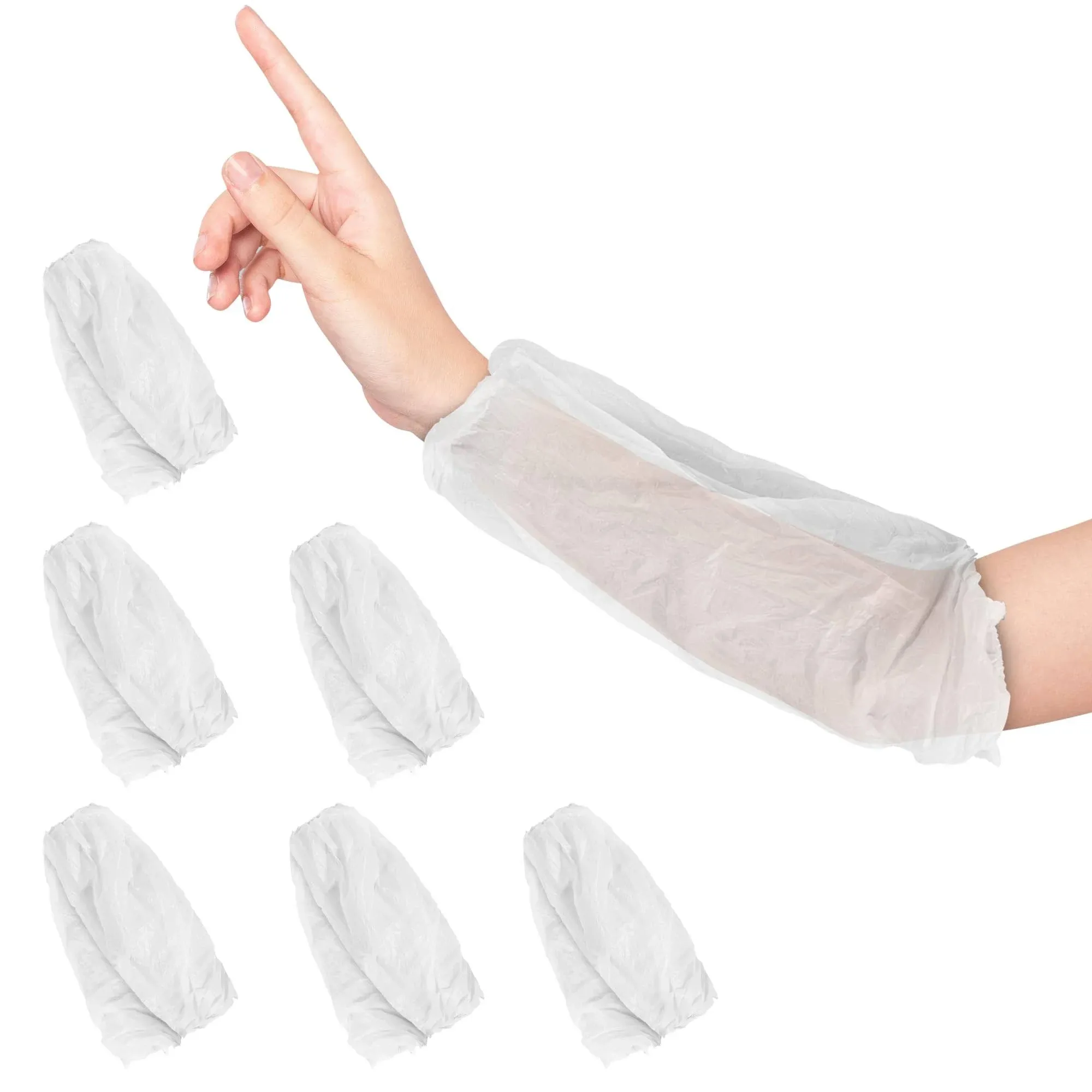 AMZ White Disposable Arm Sleeves, 18 Inches. 100 Pack Disposable Sleeve Protectors for Arms. 1.5 Mil PE Waterproof Sleeve for Arm. Unisex Disposable Protective Sleeves for Arms