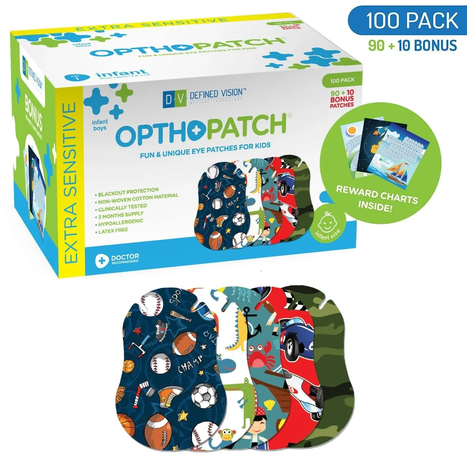 Infants Extra Sensitive Adhesive Eye Patch Boys 100 Pack Series I OPTHOPATCH 