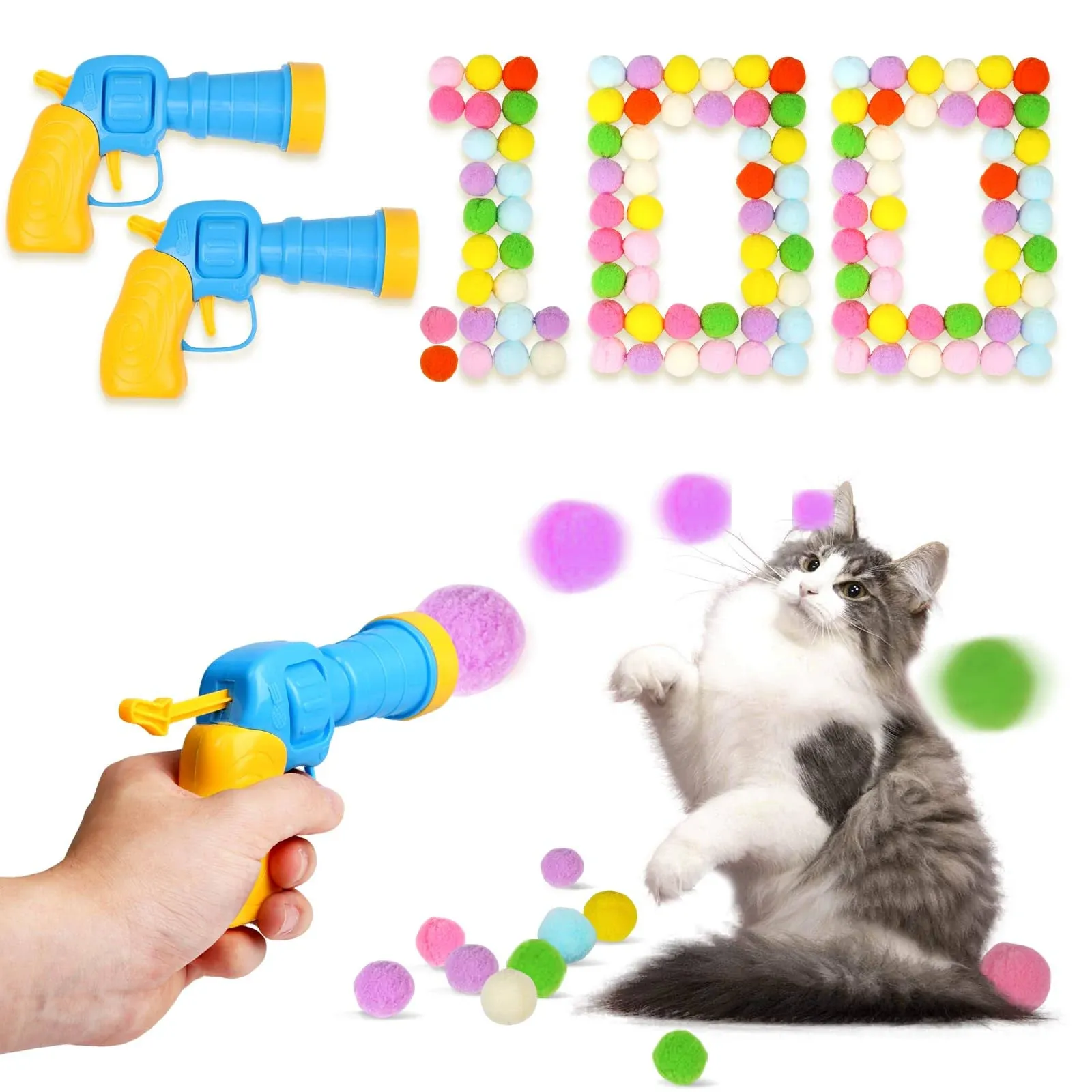 Cat Toy Balls with Launchers Set (2+100), 100 Cat Pom Pom Balls & 2 Cat Toy Ball Launchers (Durable Reinforced Edition), Cat Enrichment Toys, Interactive Cat Toy Balls, Soft & Safe Cat Toys