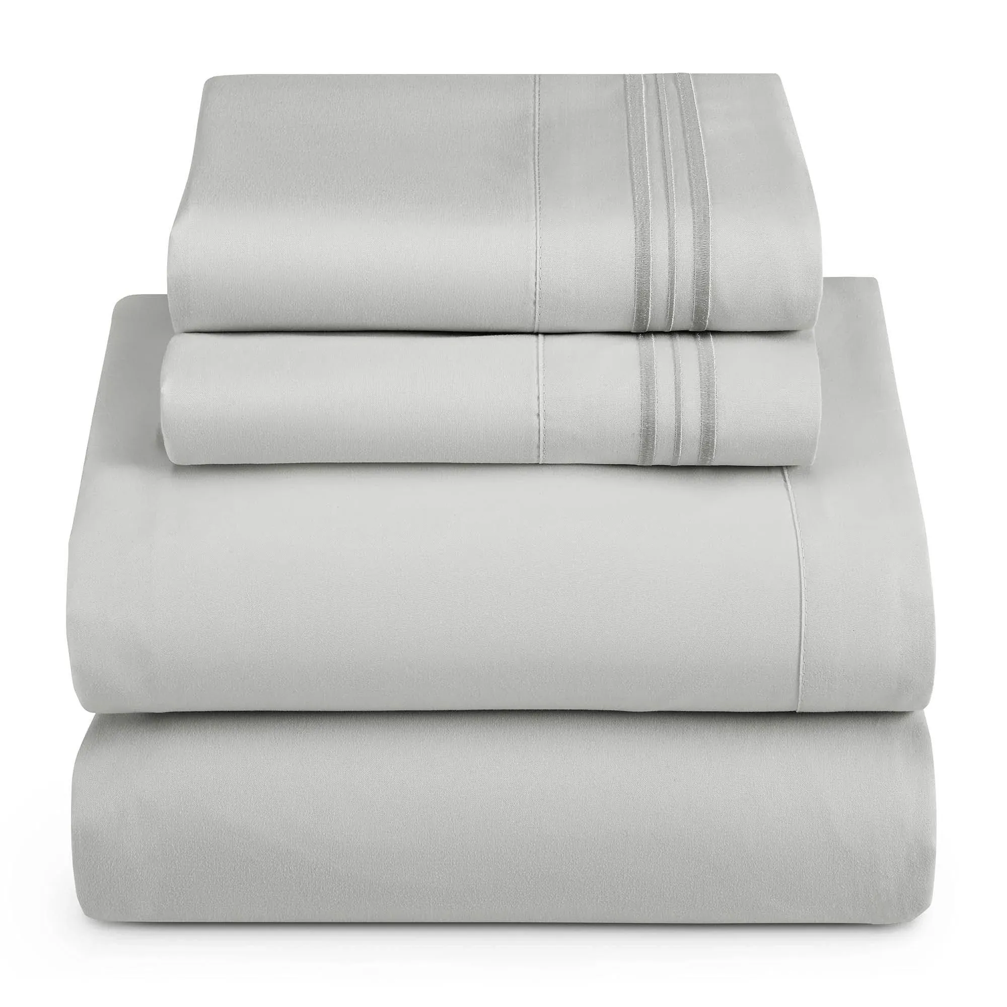 Hearth & Harbor Full XL Size Sheets - 4 Piece Bed Sheet Set, Hotel Luxury Double Brushed Bed Sheets - Extra Soft Bedding Sheets, Silver