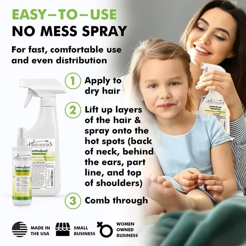 Head Hunters Lemon Heads Spray Natural Head Lice Repellent Spray for Kids and Adults - Natural and Safe Lice Prevention Spray for Kids - 8 Ounce