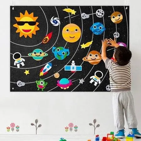 WATINC 44Pcs Outer Space Felt Story Board Set 3.5 Ft Solar System Universe Storytelling Flannel Interactive Play Kit with Hooks Astronaut Planets Alien Galaxy Reusable Wall Hanging Gift for Boys Girls