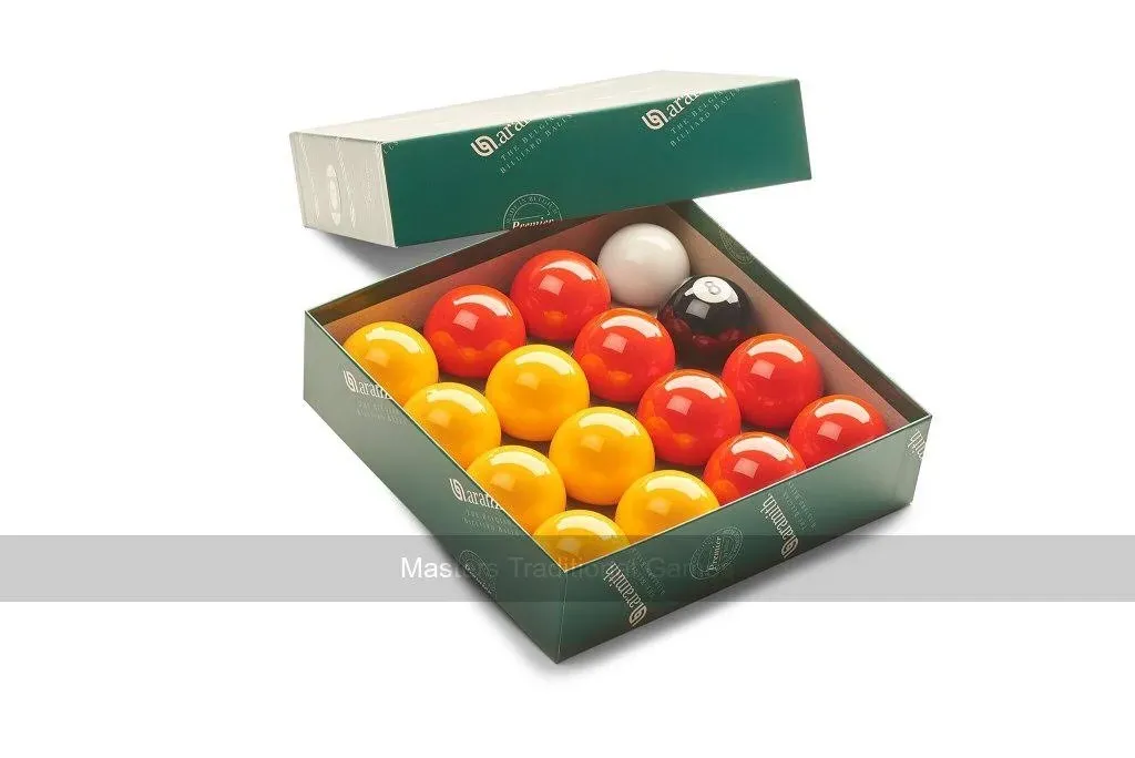 Aramith Premier Red and Yellow League Pool Balls - 1 and 7/8 inch with 1 and 7/8 inch Cue Ball