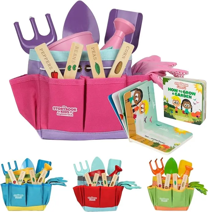 The Storybook Kids Explorers Club Pink Kids Gardening Tools - Includes Sturdy Tote Bag, Watering Can, Gloves, Shovels, Garden Stakes, and A Delightful