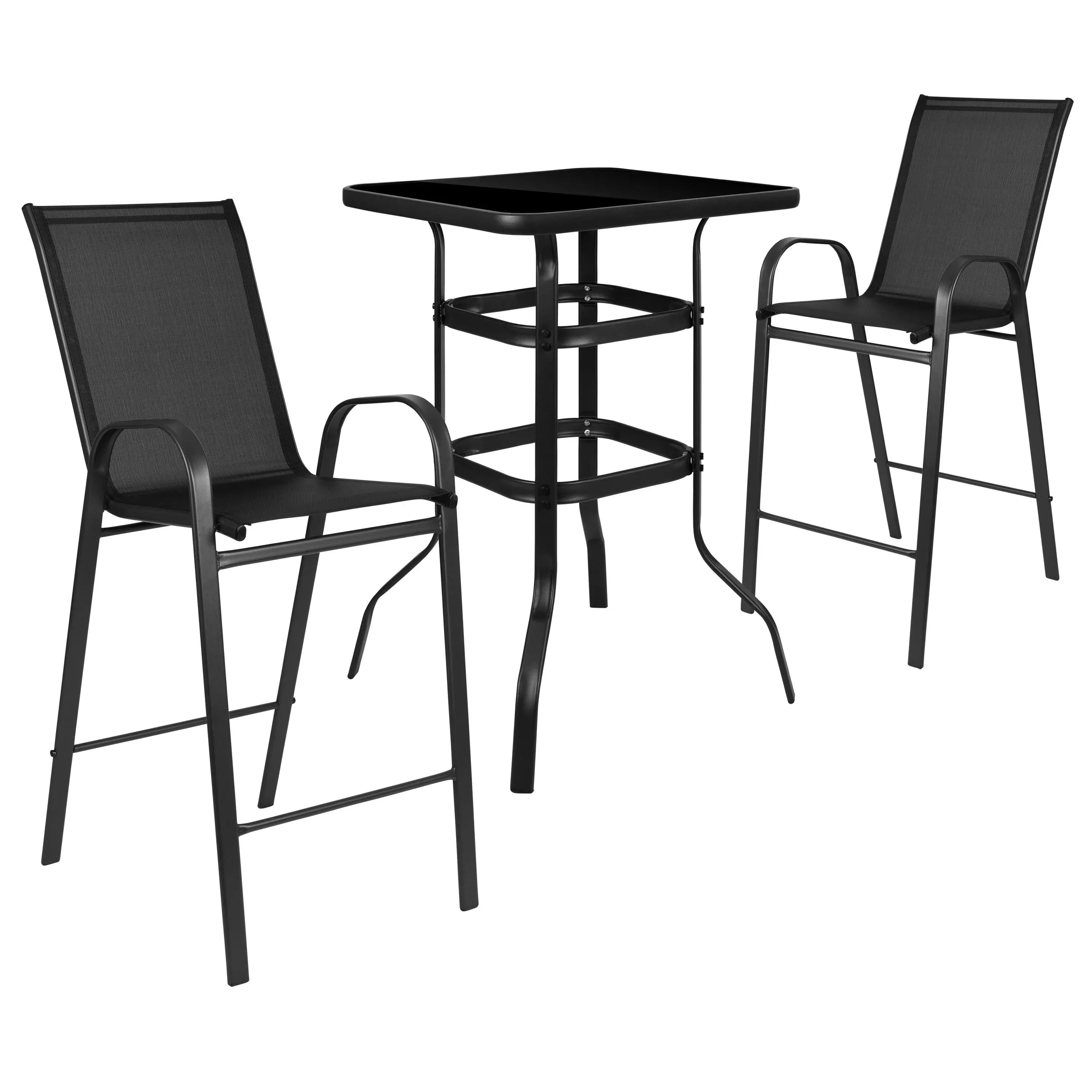 3 Piece Outdoor Glass Bar Patio Table Set with 2 Barstools - Black