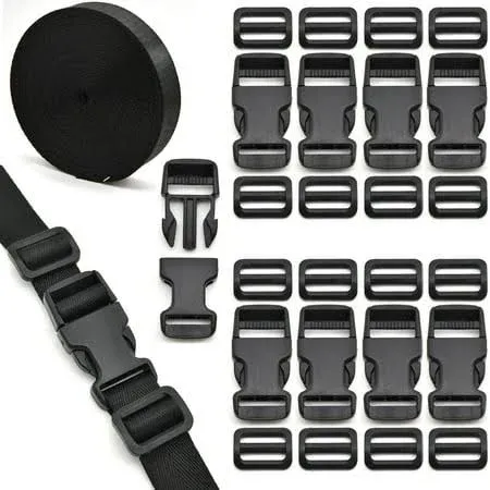 1 inch Buckles Straps Set with 10 Yards Nylon Webbing Strap,10 pcs Quick Side Release Plastic Buckle, 20 pcs Tri-glide Slide Clip for Luggage Strap, Backpack Replacement (Army Green)