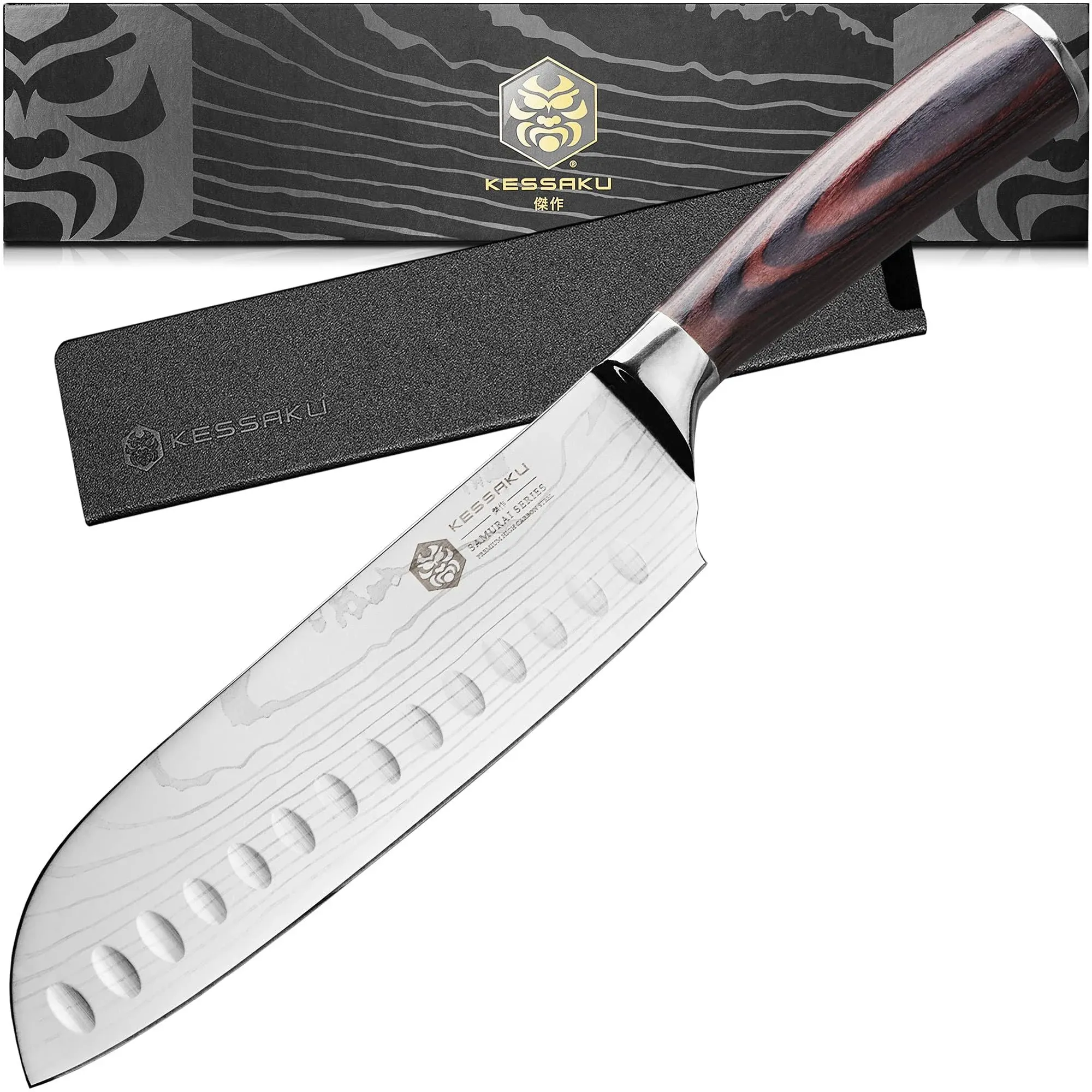 KESSAKU Santoku Knife - 7 inch - Samurai Series - Razor Sharp Kitchen Knife - Forged 7Cr17MoV High Carbon Stainless Steel - Wood Handle with Blade Guard