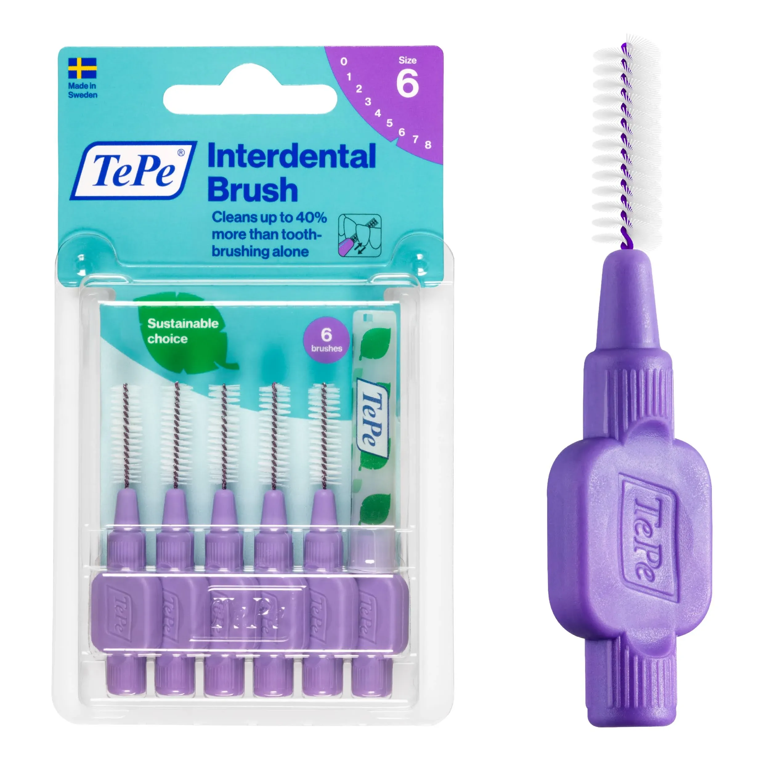 TEPE Interdental Brush Original, Soft Dental Brush for Teeth Cleaning, Pack of 6, 1.1 mm, Large Gaps, Purple, Size 6