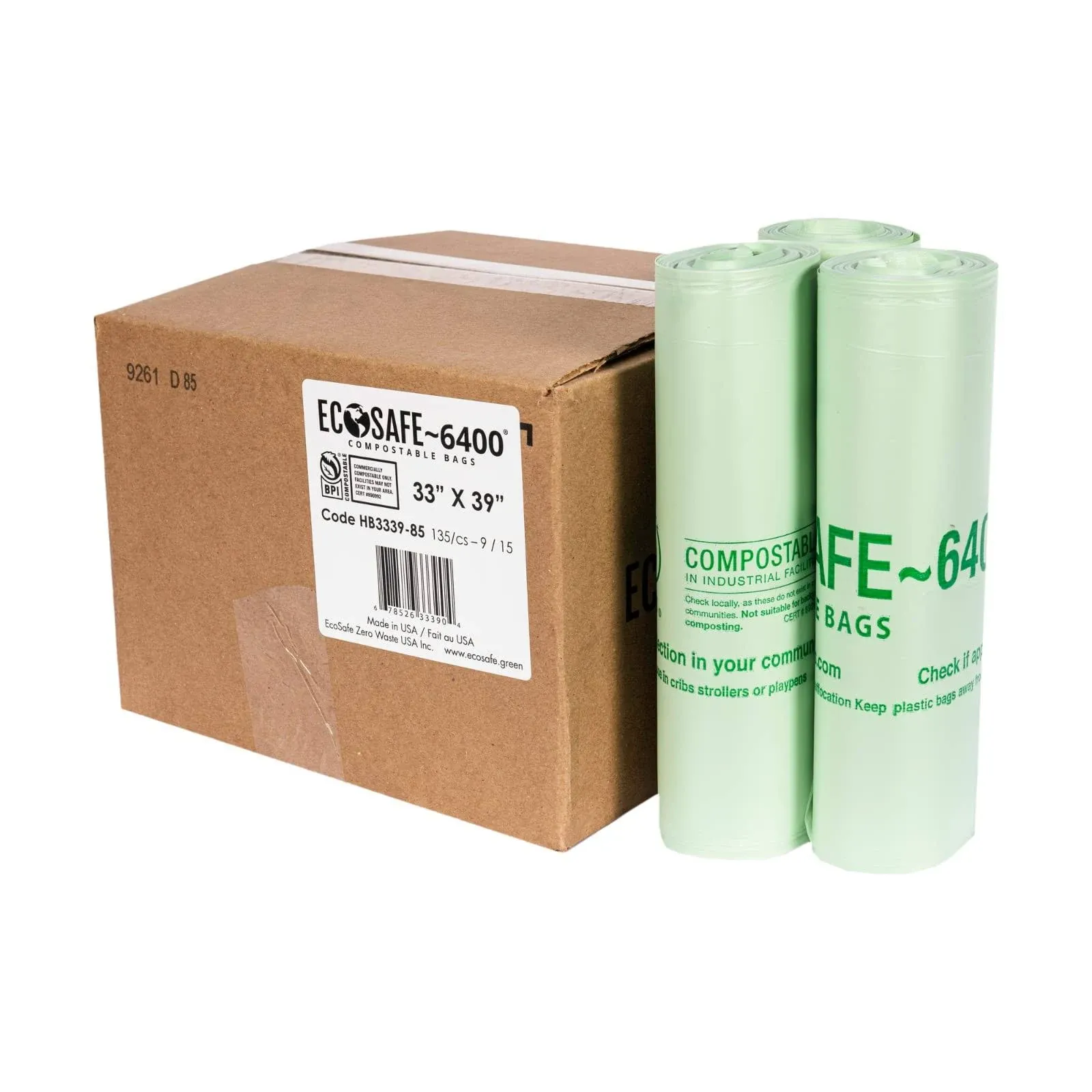 EcoSafe 0.85 Mil Green Compostable Bin Liner, 33 × 39 inch -- 135 per case.