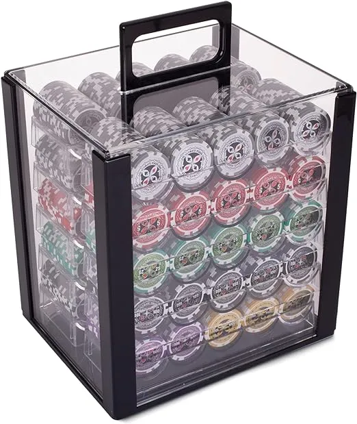 Brybelly Poker Chips 1000 Chips Set with Acrylic Case - Heavyweight 14g Poker Chips Set with 10 Removable Trays and 11" x 12" x 15" Portable Case - 8 Stripe Textured Inlay Casino Chips