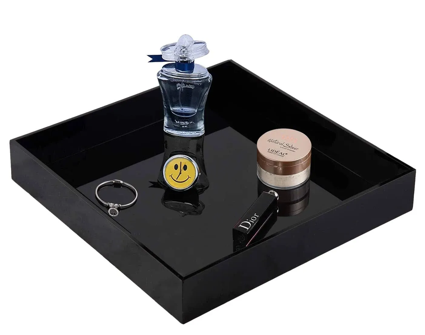 Waterproof Acrylic Vanity Tray, Remote Control Sturdy Valet Tray Organizer, Lucite Nightstand Dresser or Bathroom Organizer for Change, Coin, Key, Phone, Glasses, (Black-10x10inch )