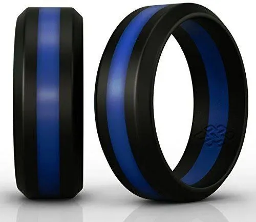 Knot Theory Black with Blue Stripe Silicone Ring Band - 8mm Size 7