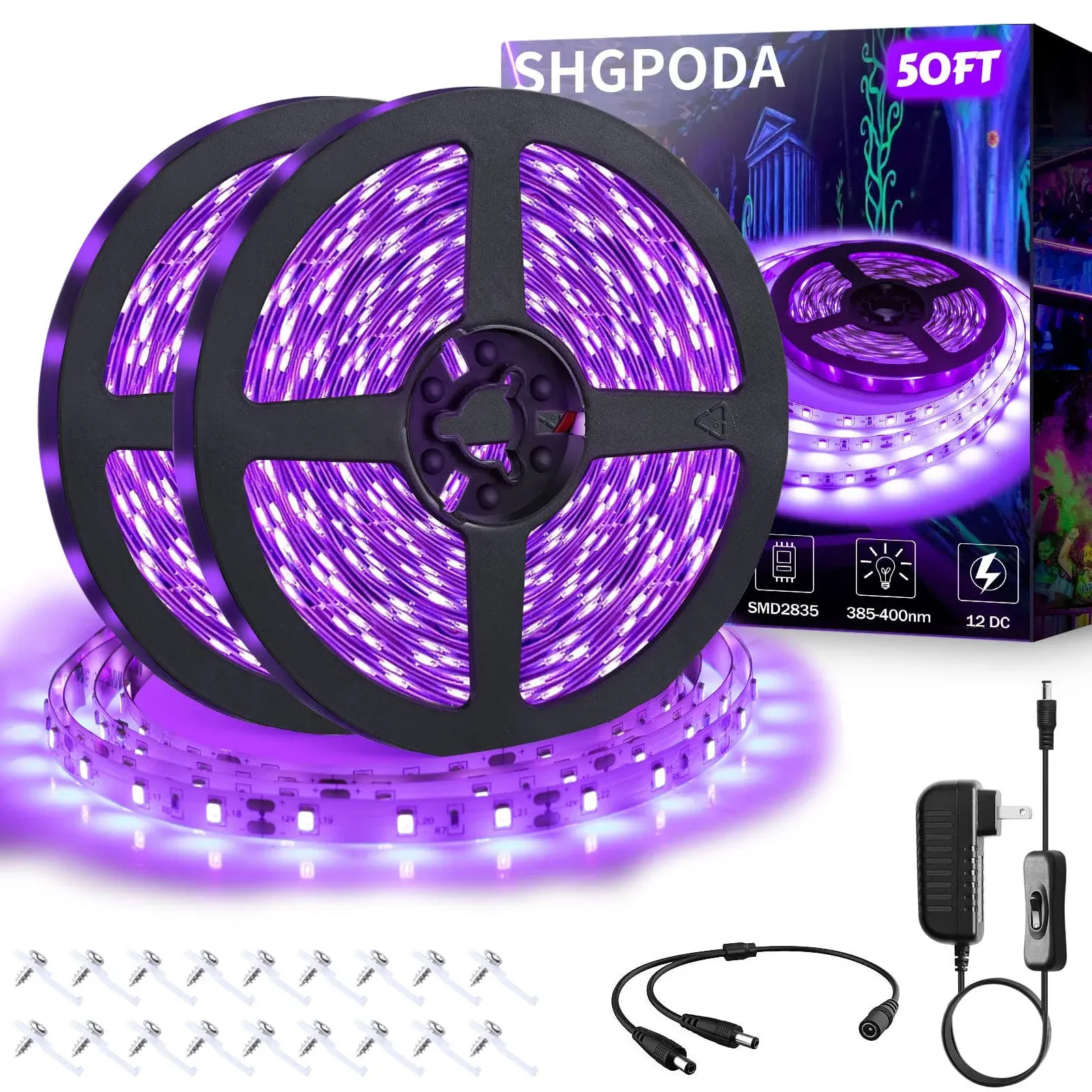 50ft/15M LED Black Light Strip Kit, 900 Units Lamp Beads, 385nm-400nm, 12V Flexible Blacklight Fixtures, Non-Waterproof Strip Blacklight for Indoor, Birthday, Glow Party, Halloween, Christmas