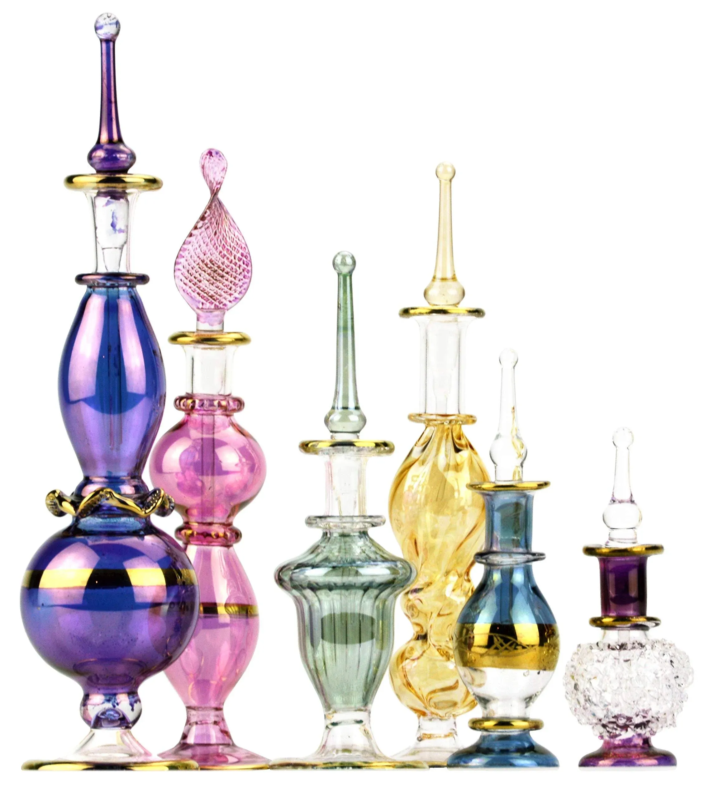 Egyptian Perfume Bottles 2-5 in Collection Set of 6 Mouth-Blown Decorative Glass