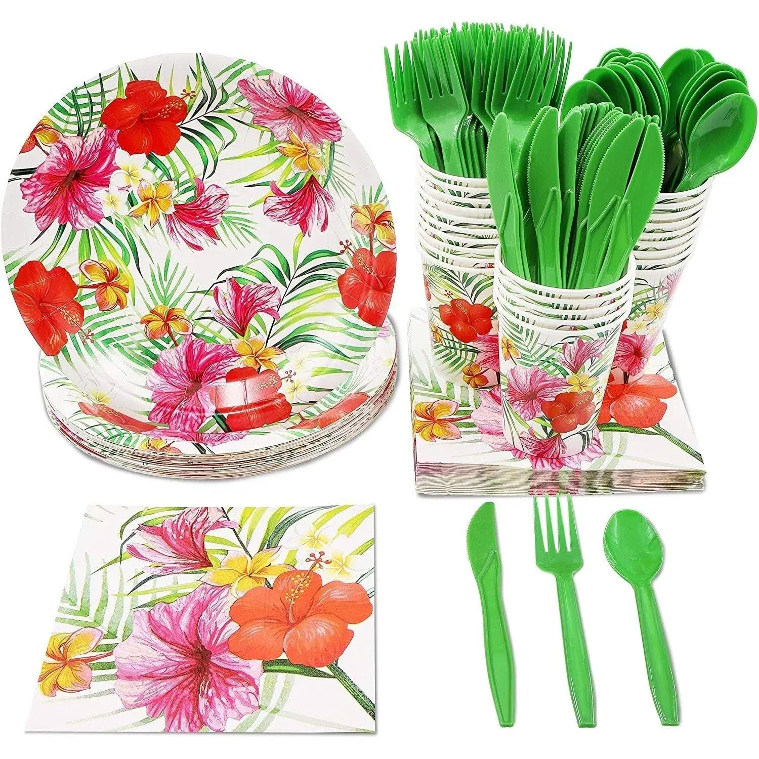 Hawaiian Luau Dinnerware Set, Tropical Party Supplies (Serves 24, 144 Pieces)