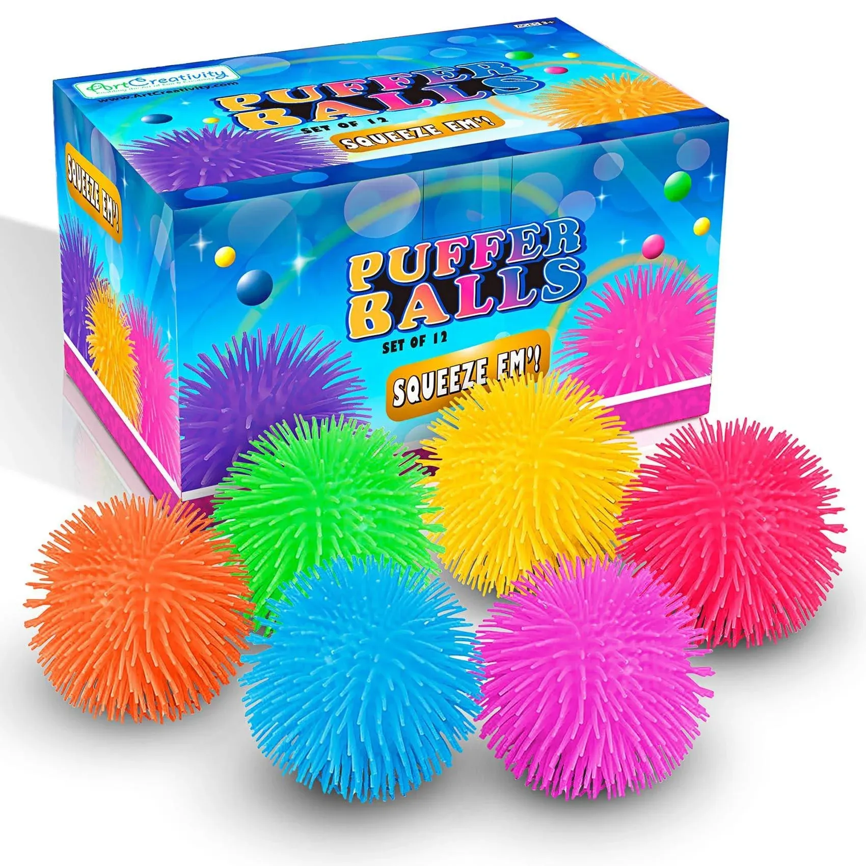 ArtCreativity Puffer Balls - Pack of 12 - Spiky, Soft and Squeeze Stress Relief Balls for Kids and Adults - Calming Sensory Balls for Autistic Children, Birthday Party Favors for Boys and Girls